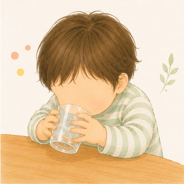 コップで飲む練習をする赤ちゃんの水彩イラスト