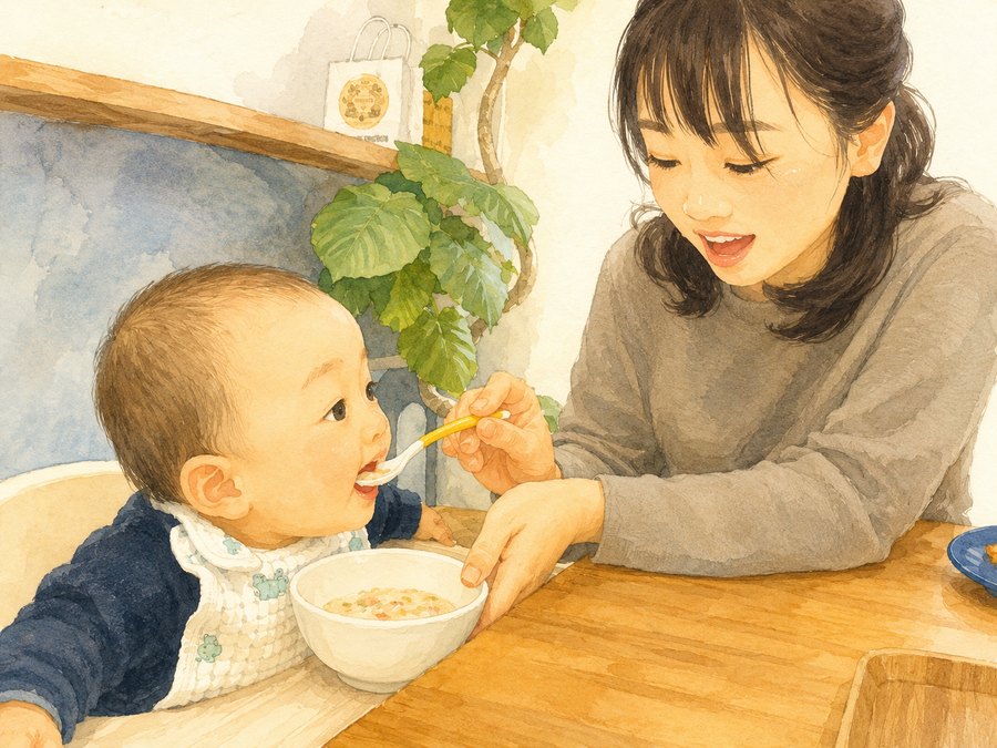 スプーンで離乳食を食べさせてもらう赤ちゃんの水彩イラスト