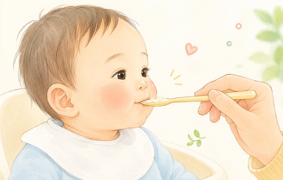 上唇でスプーンの食べ物をとらえる赤ちゃんの水彩イラスト