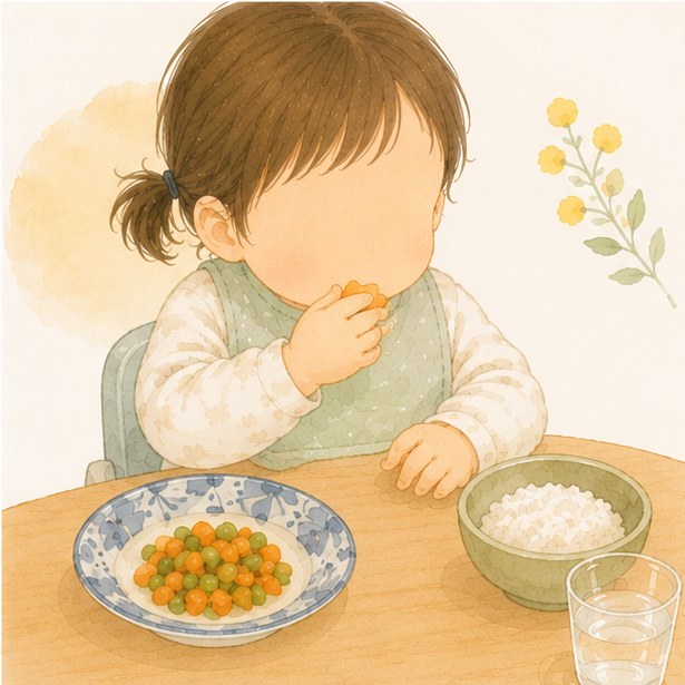 お茶碗から手づかみで食べる赤ちゃんの水彩イラスト