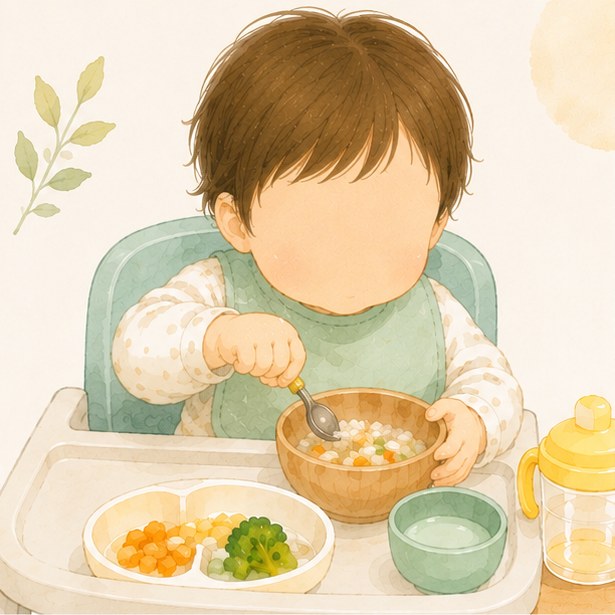 スプーンで自分で食べる幼児の水彩イラスト