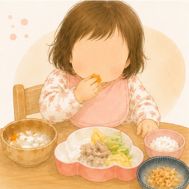 手づかみ食べをする赤ちゃんの水彩イラスト
