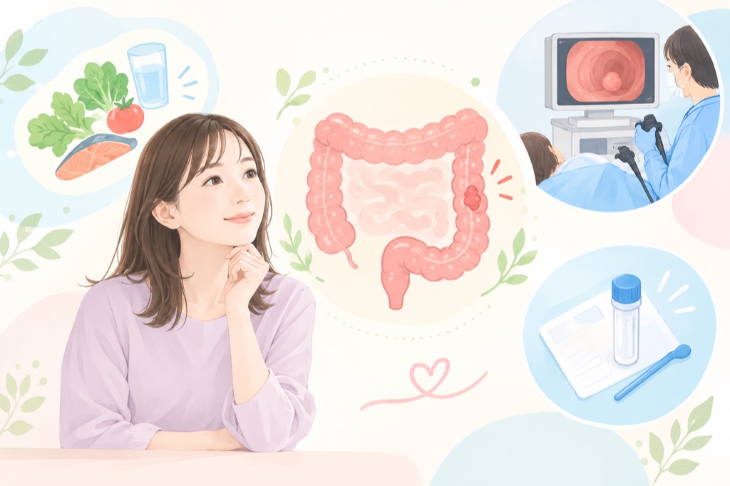 食事と大腸、内視鏡検査と便潜血検査のキットを思い浮かべている女性のイラスト